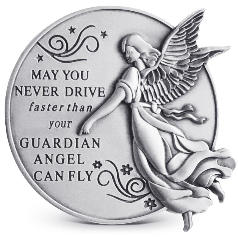  [AUSTRALIA] - Guardian Angel Visor Clip For Car: 2-1/4 Inch Diameter Metal, Reads MAY YOU NEVER DRIVE FASTER THAN YOUR GUARDIAN ANGEL CAN FLY, Best Parents Gift Idea for New Driver & Loved Ones Cars (1) 1