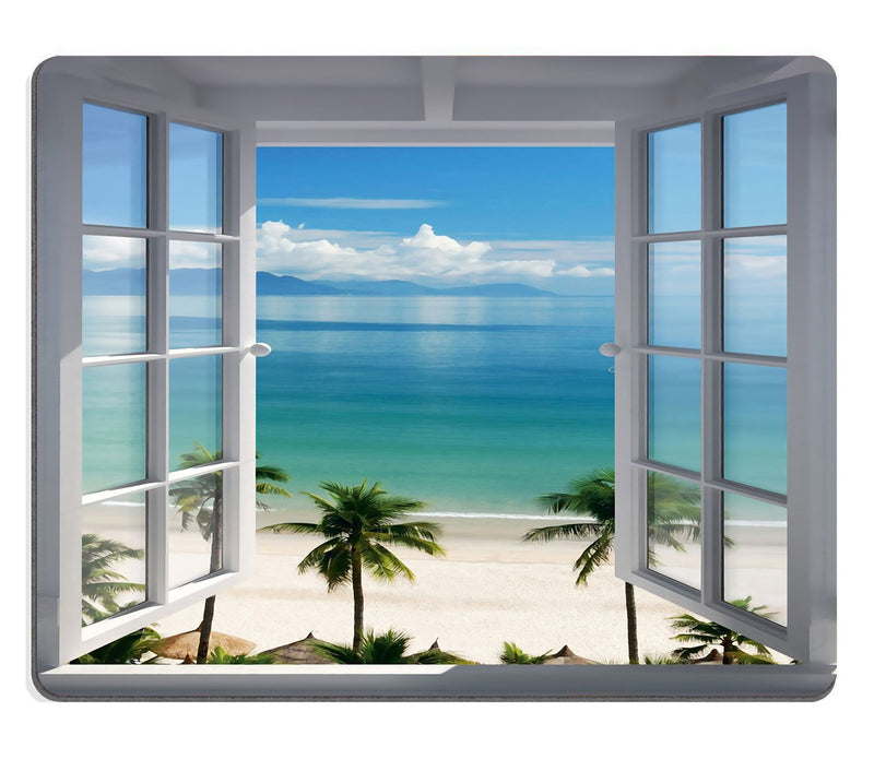 Wknoon Mouse Pad Palm Trees Tropical Island Beach Nature Paradise Panoramic Picture Through Wooden Windows Scene Custom Design - LeoForward Australia