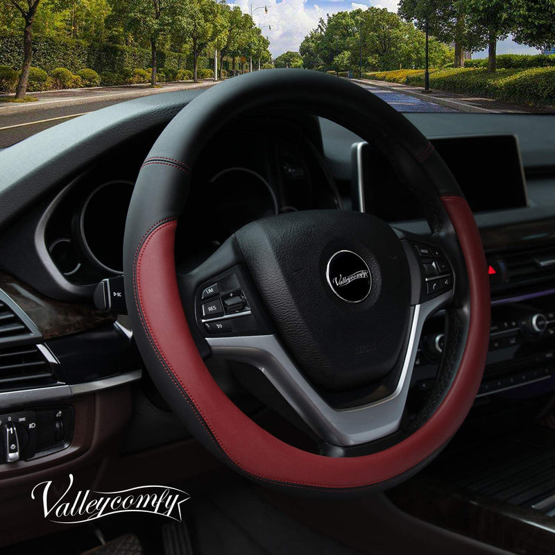 Valleycomfy Microfiber Leather Steering Wheel Cover Universal 15 inch(Wine Red) B Wine Red Medium(Standard) Size[14.5"-15"] - LeoForward Australia