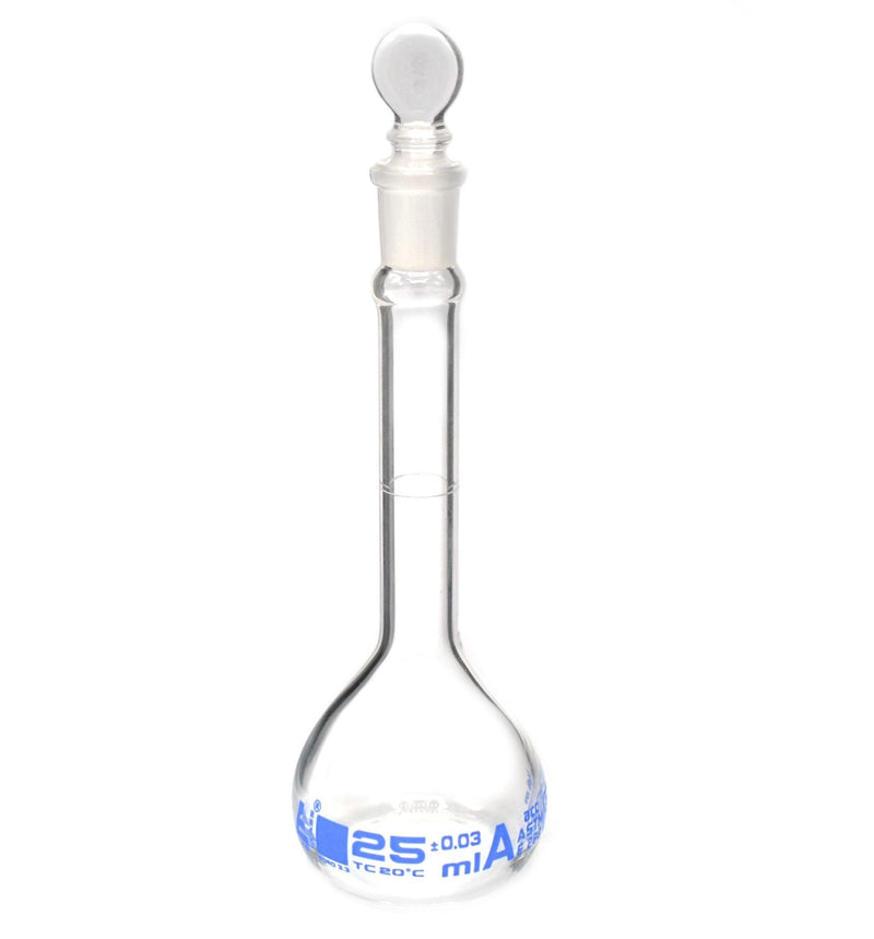 Volumetric Flask, 25ml - Class A, ASTM - Tolerance ±0.030 ml - Glass Stopper - Single, Blue Graduation - Eisco Labs - LeoForward Australia