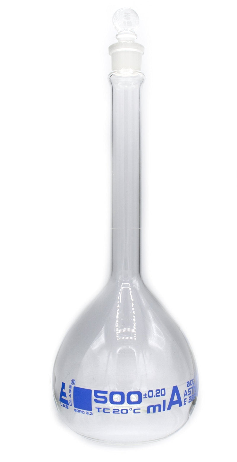 Volumetric Flask, 500ml - Class A, ASTM - Tolerance ±0.200 ml - Glass Stopper - Single, Blue Graduation - Eisco Labs - LeoForward Australia