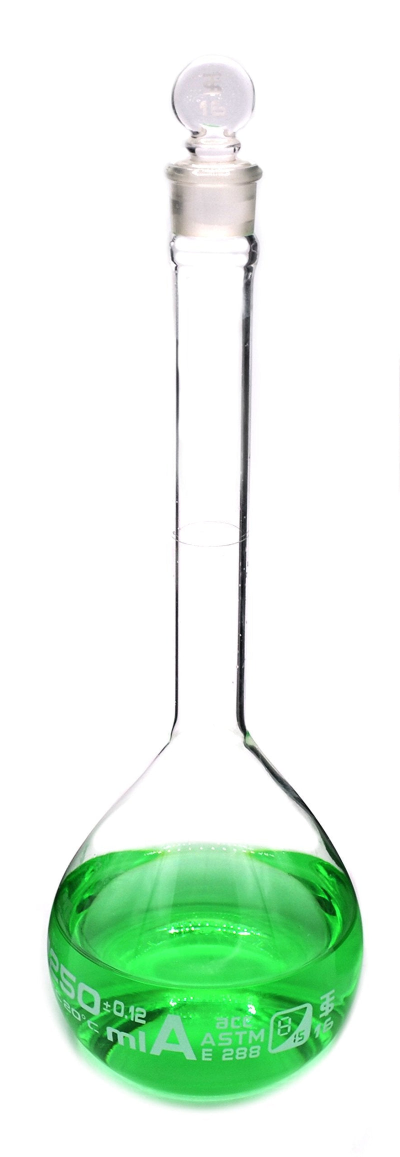 Volumetric Flask, 250ml - Class A, ASTM - Tolerance ±0.120 ml - Glass Stopper - Single, White Graduation - Eisco Labs - LeoForward Australia