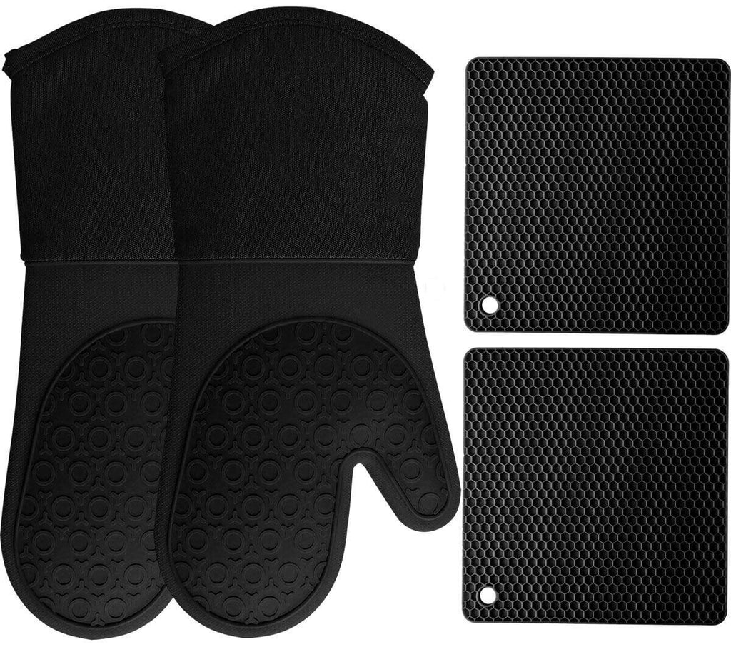 HOMWE Silicone Oven Mitts and Pot Holders, 4-Piece Set, Heavy Duty Cooking Gloves, Kitchen Counter Safe Trivet Mats, Advanced Heat Resistance, Slip-Resistant Textured Grip, Black - LeoForward Australia
