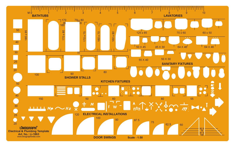 Linograph Electrical and Plumbing Template Sanitary Fixtures Drawing Scale Orange - LeoForward Australia