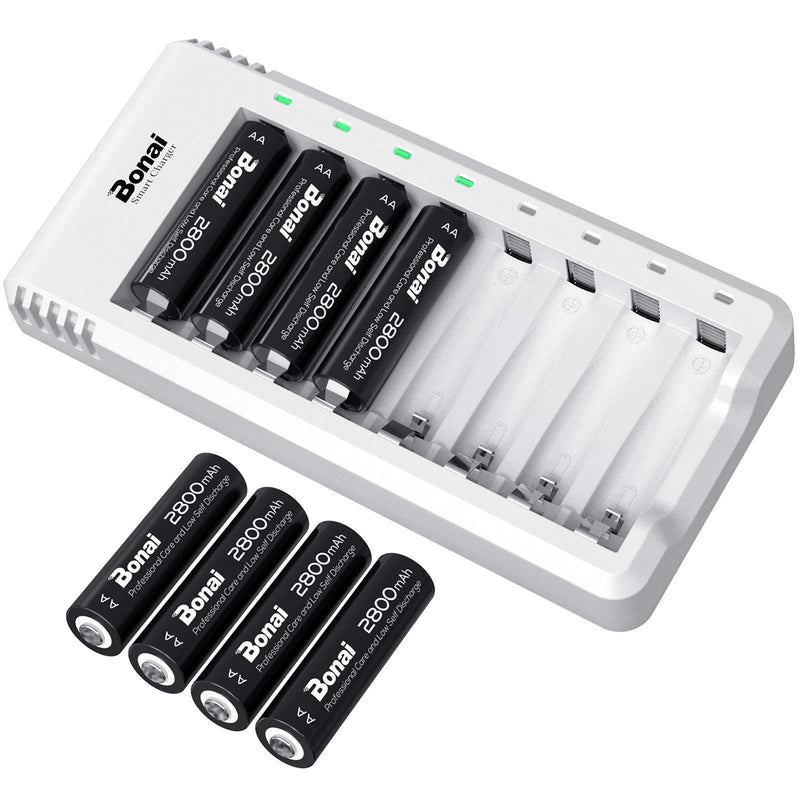 AA Rechargeable Batteries with Charger BONAI 8 Pack 2800mAh High Capacity Ni-MH Rechargeable AA Batteries with Charger AA Set (8-Slot Charger with USB & Independent Design for AA AAA) - LeoForward Australia
