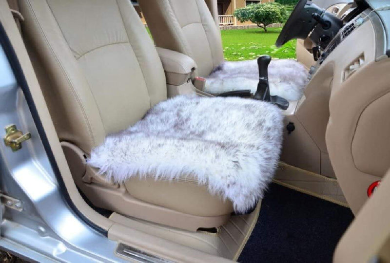  [AUSTRALIA] - OKAYDA Square Real Sheepskin Car Seat Cover Automobile Front Seat Cushion Non-Slip Universal Fit Fur Cushion for Car, Chair and Office Chair (1 Piece) (Grey tips) Grey tips