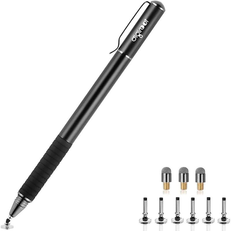  [AUSTRALIA] - digiroot Universal Stylus,[2-in-1] Disc Stylus Pen Touch Screen Pens for All Touch Screens Cell phones, iPad, Tablets, Laptops with 9 Replacement Tips(6 Discs, 3 Fiber Tips Included) - (Black) Black