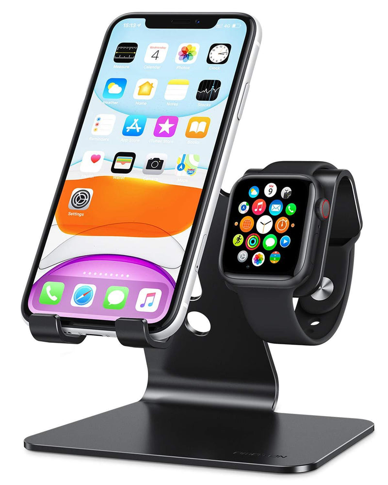 [AUSTRALIA] - Apple Watch Stand, OMOTON 2 in 1 Universal Desktop Stand Holder for iPhone and Apple Watch Series 7/6/5/4/3/2/1 and Apple Watch SE (Both 38mm/40mm/42mm/44mm) (Black) Black