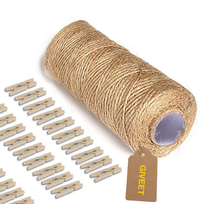  [AUSTRALIA] - Giveet 328 Feet Natural Jute Twine and 100 Pieces Mini Clothespins, Multi-Purpose Arts Crafts Twine Industrial Heavy Duty Packing String for Gifts, DIY Crafts, Festive and Gardening Applications