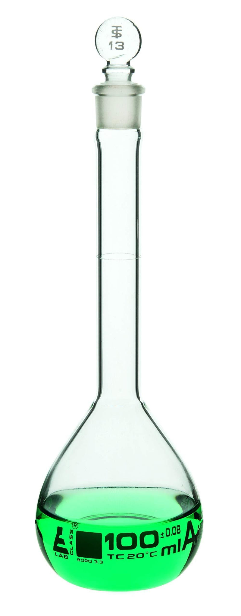 Volumetric Flask, 100ml - Class A, ASTM - Tolerance ±0.100 ml - Glass Stopper - Single, Blue Graduation - Eisco Labs - LeoForward Australia