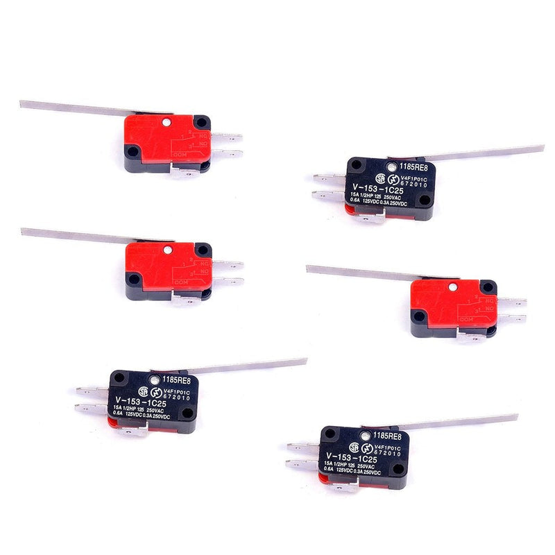  [AUSTRALIA] - Cylewet 6Pcs V-153-1C25 Micro Limit Switch Long Straight Hinge Lever Arm SPDT Snap Action LOT for Arduino (Pack of 6) CYT1068