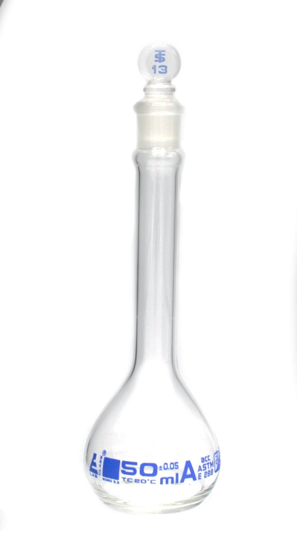 Volumetric Flask, 50ml - Class A, ASTM - Tolerance ±0.050 ml - Glass Stopper - Single, Blue Graduation - Eisco Labs - LeoForward Australia