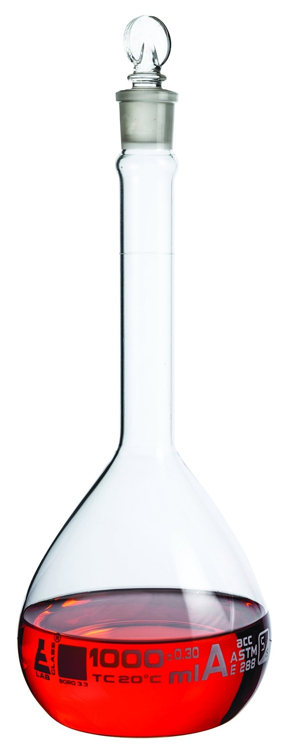 Volumetric Flask, 1000ml - Class A, ASTM - Tolerance ±0.300 ml - Glass Stopper - Single, White Graduation - Eisco Labs - LeoForward Australia