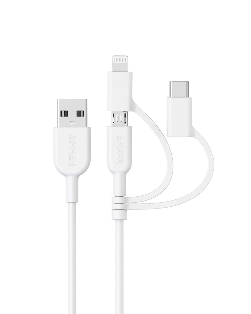 Anker Powerline II 3-in-1 Cable, Lightning/Type C/Micro USB Cable for iPhone, iPad, Huawei, HTC, LG, Samsung Galaxy, Sony Xperia, Android Smartphones, and More(3ft, White) - LeoForward Australia