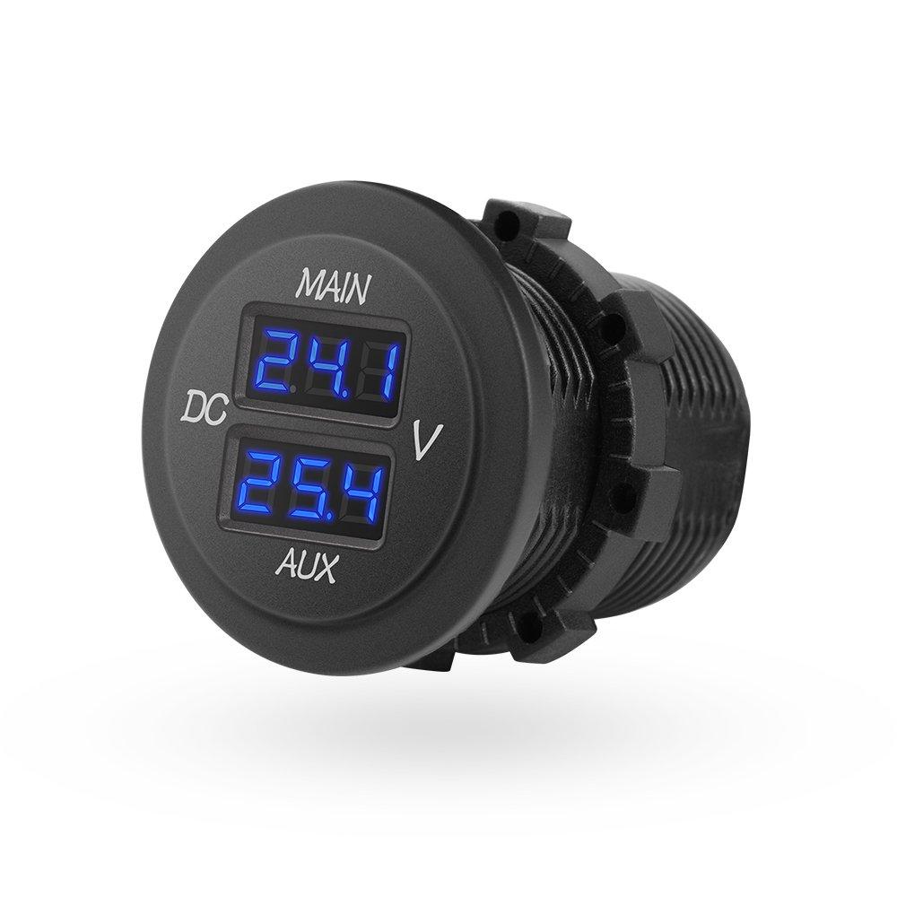  [AUSTRALIA] - MICTUNING LED Digital Double Voltmeter, Round Panel Voltage Monitor Blue for Car Pickup RV Truck Dual Battery Pack