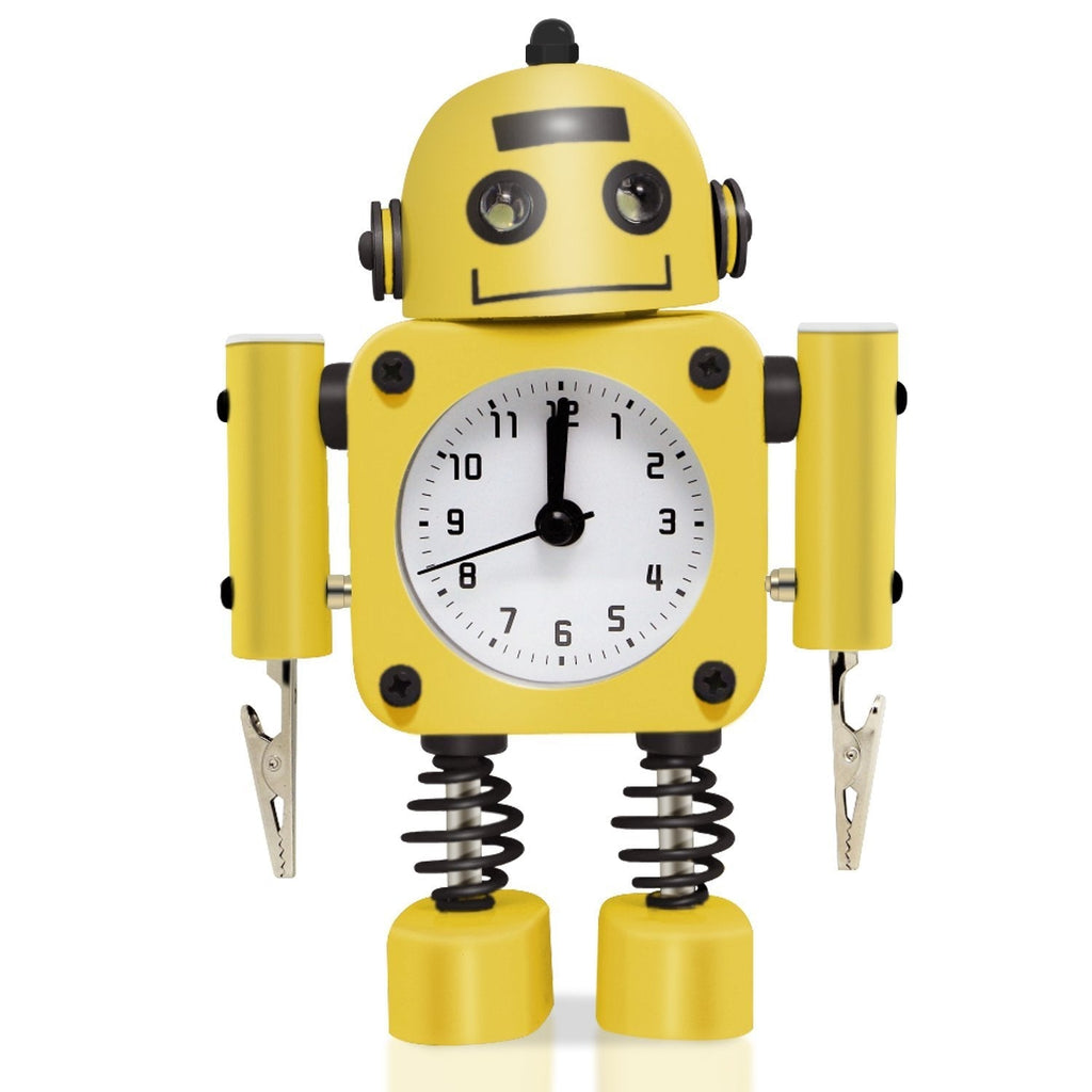  [AUSTRALIA] - Betus Non-Ticking Robot Alarm Clock Stainless Metal - Wake-up Clock with Flashing Eye Lights and Hand Clip (Yellow) Yellow