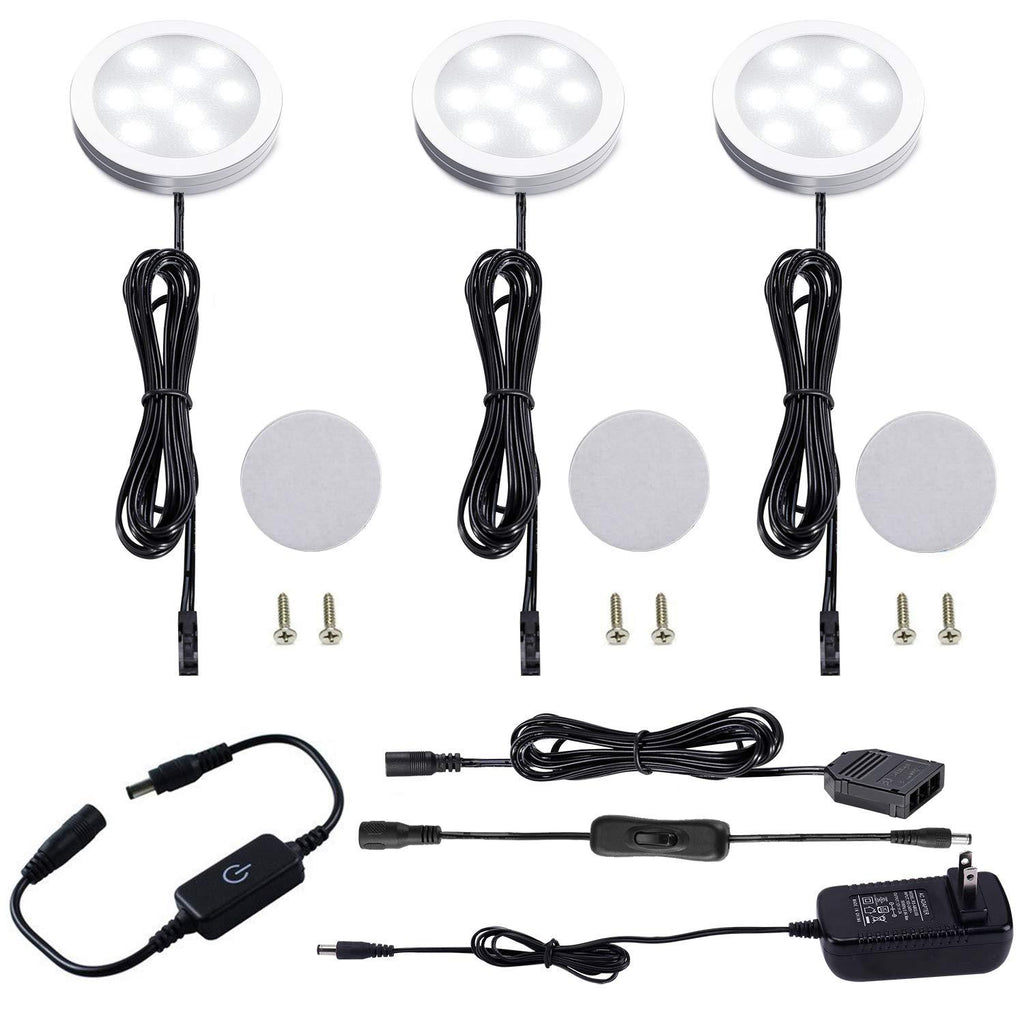 AIBOO Under Cabinet LED Puck Lighting Kit Black Cord with Touch Dimmer Switch for Kitchen Showcase Cupboard Closet Lighting 3 Lights 6W (Daylight White) Daylight White - LeoForward Australia
