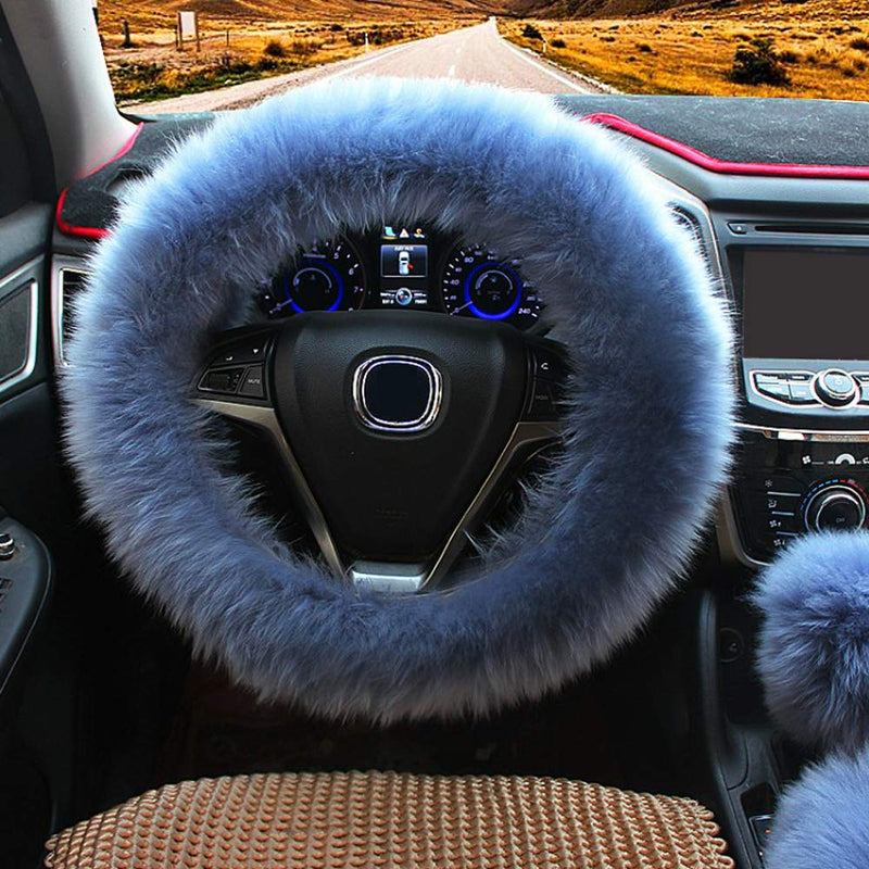  [AUSTRALIA] - Ogrmar Winter Warm Faux Wool Steering Wheel Cover with Handbrake Cover & Gear Shift Cover for 14.96" X 14.96" Steeling Wheel in Diameter 1 Set 3 Pcs (Grey-Blue) Grey-blue
