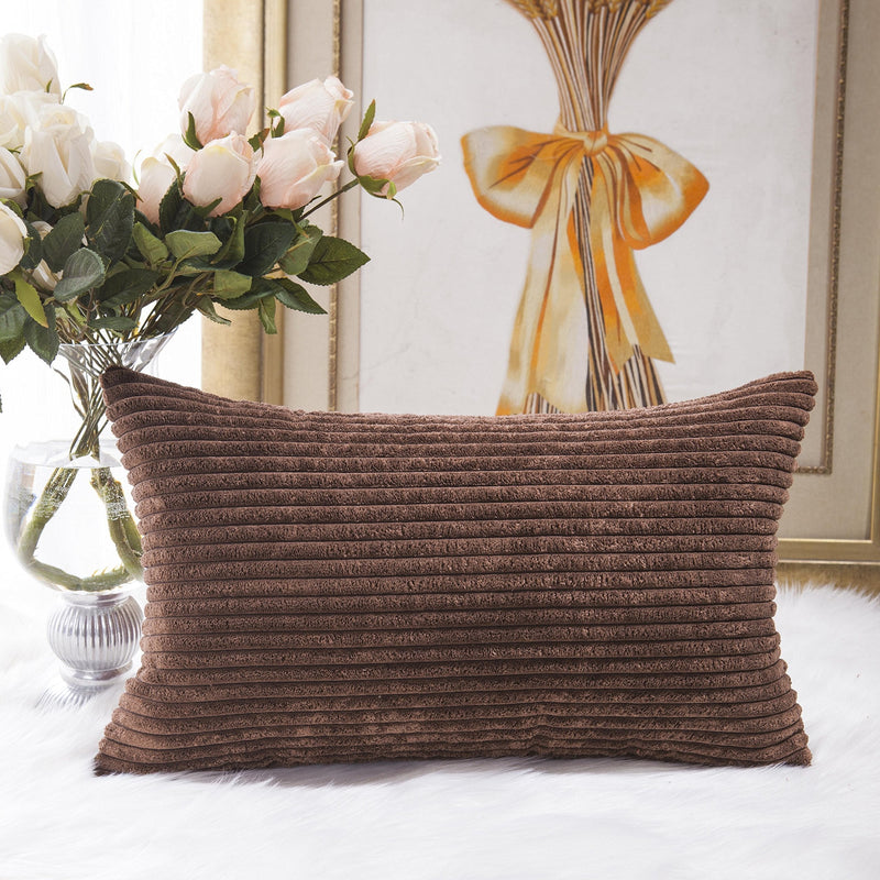  [AUSTRALIA] - Home Brilliant Plush Striped Corduroy Velvet Rectangular Throw Pillow Case Cushion Cover for Chair, 30 x 50cm, Coffee Brown 12" x 20" F-brown