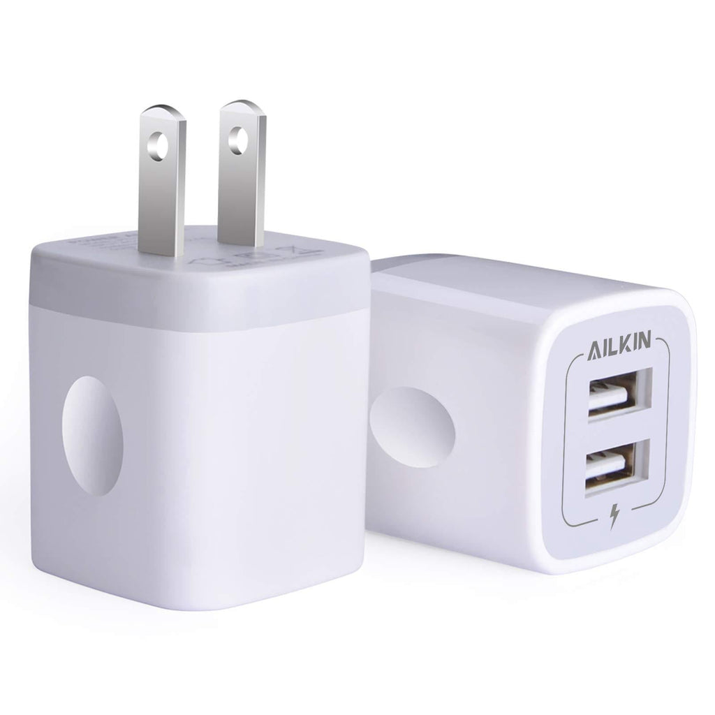 USB Wall Charger, Charger Adapter, AILKIN 2-Pack 2.1Amp Dual Port Quick Charger Plug Cube for iPhone SE/11 Pro Max/8/7/6S/6S Plus/6 Plus/6, Samsung Galaxy S7/S6/S5 Edge, LG, HTC, Huawei, Moto, Kindle White - LeoForward Australia