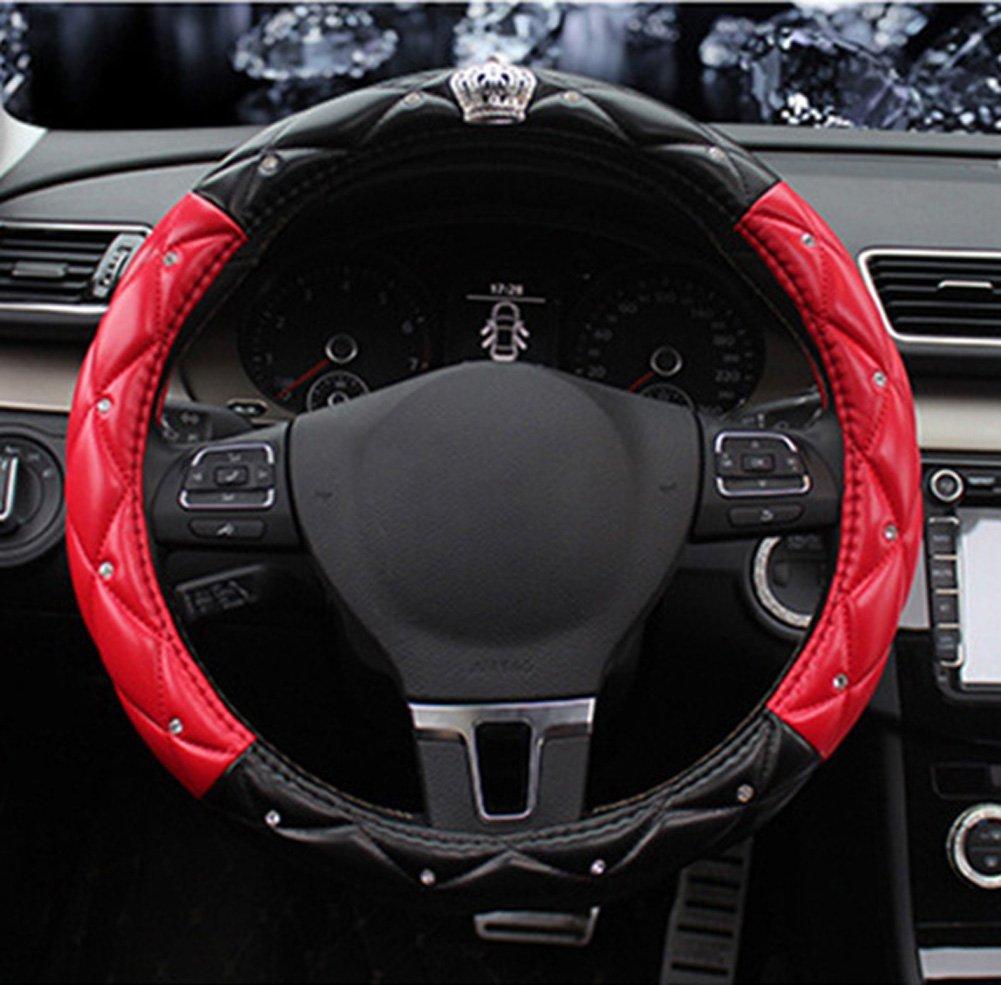  [AUSTRALIA] - BAIMIL Car Steering Wheel Cover Universal Cystal Crown PU Leather DAD Diamond Steering Wheel Cover 15 inch Black & Red