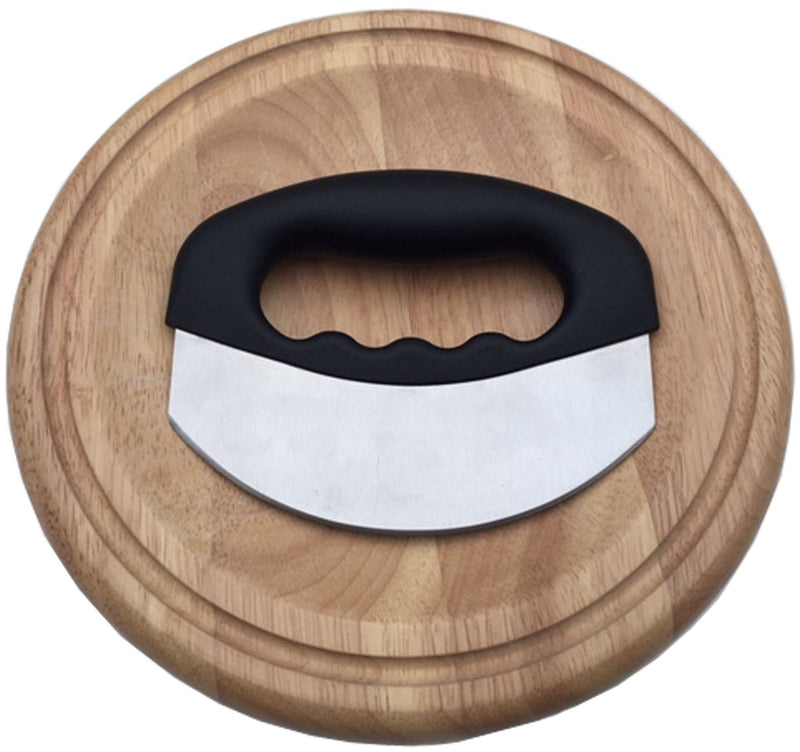  [AUSTRALIA] - Checkered Chef Mezzaluna Chopper With Cutting Board Set - Rocker Knife - Mincing Knife With Cover and Herb Board - Round Wooden Curved Board