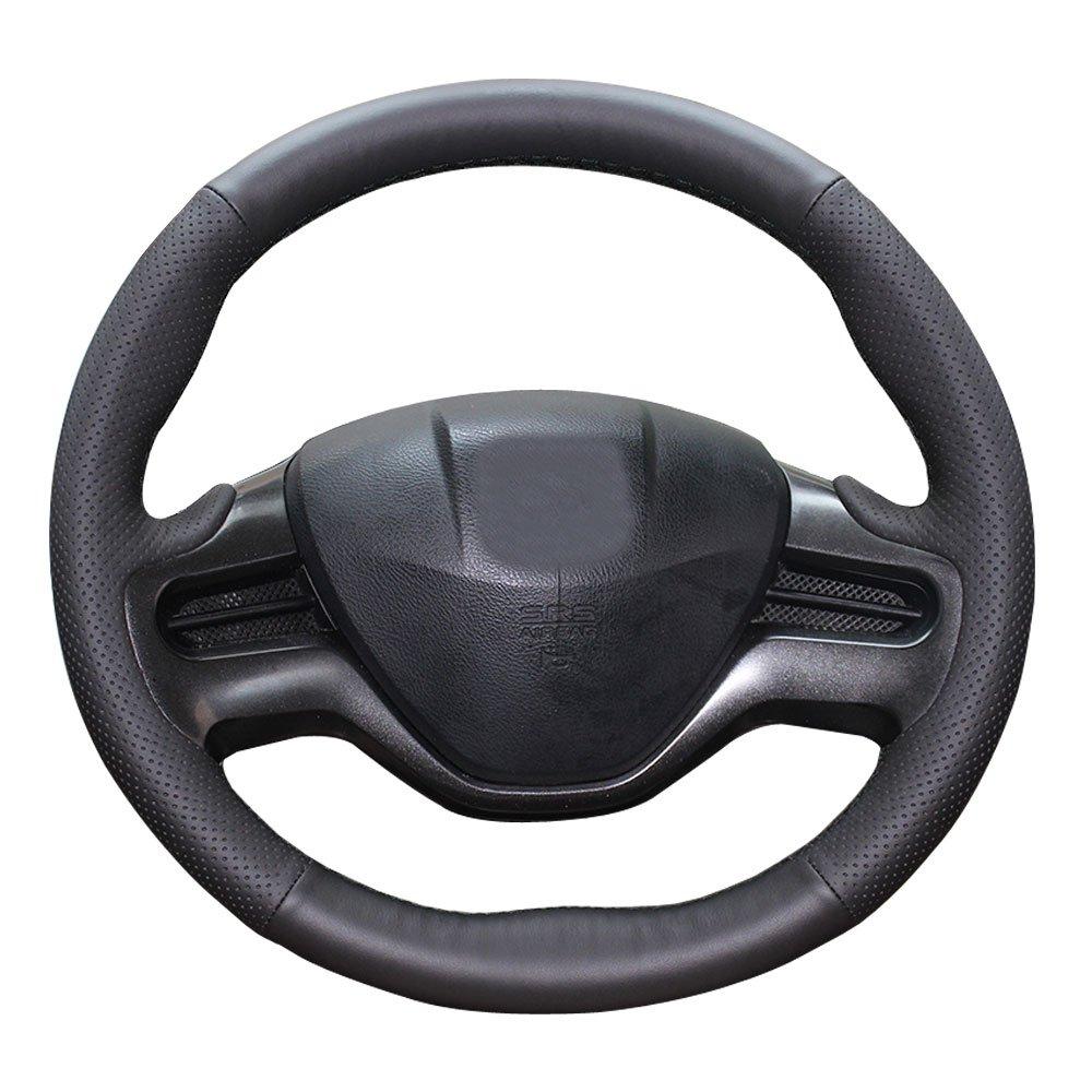  [AUSTRALIA] - Eiseng Black Genuine Leather Steering Wheel Cover for 8th 2 Spoke Honda Civic 2006 2007 2008 2009 2010 2011 Stitch On Wrap DIY 13.5-14.5 inch Interior Accessories (Black Thread) Black Thread