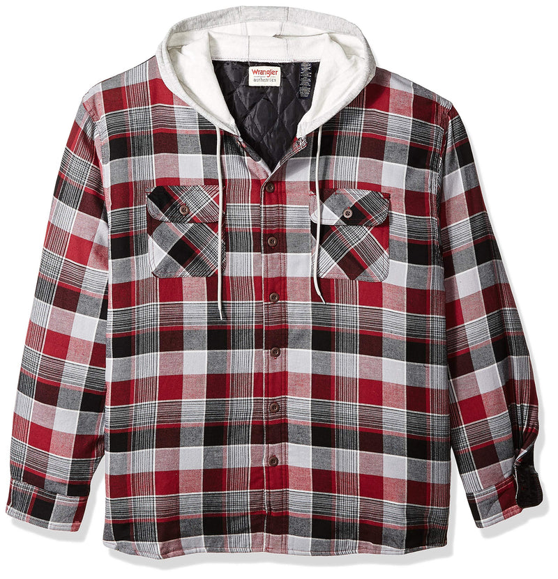 Wrangler Authentics Men's Long Sleeve Quilted Lined Flannel Shirt Jacket with Hood Small Biking Red - LeoForward Australia