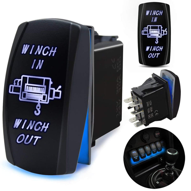  [AUSTRALIA] - FABOOD F 7 Pin WINCH IN/OUT Momentary Rocker Switch Laser ON-OFF-ON Two LED Backlit Blue Light 20A 12V For Auto Automotive Motorcycle Truck Boat Marine Off-Road ATV Replace Kit (with Jumper Wire )