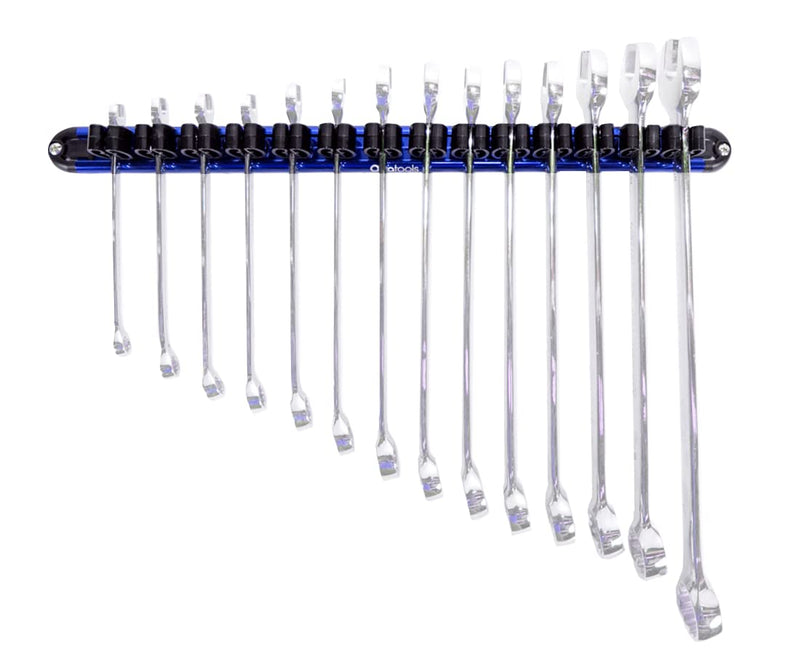  [AUSTRALIA] - Olsa Tools Wall Mount Wrench Organizer with Rotating Clips | Blue Anodized Aluminum + Black Clips | Premium Quality Wrench Holder | 14 Wrenches Fit Rack Blue Aluminum + Black Clips