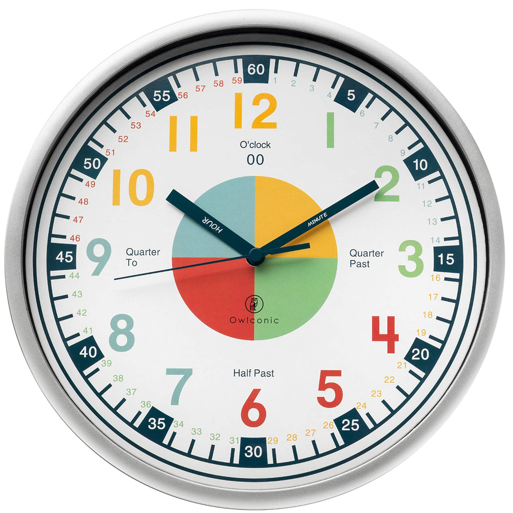  [AUSTRALIA] - Owlconic Telling Time Teaching Clock - Kids Room, Playroom Analog Silent Wall Clock. Visual Learning Clock Time Resource. Perfect Educational Tool for Homeschool, Classroom, Teachers and Parents.