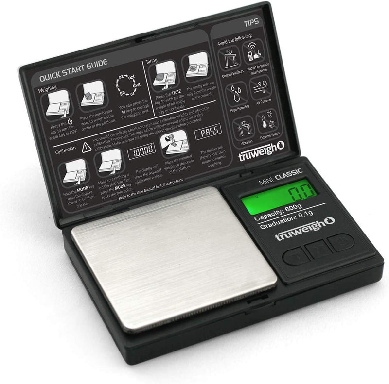 Truweigh MINI CLASSIC Digital Scale (600g x 0.1g - Black/Black) - Digital Food Scale - Digital Kitchen Scale - Small Digital Pocket Scale - Jewelry Scale - Travel Digital Gram Scale - Meal Prep Scale 600g x 0.1g - LeoForward Australia