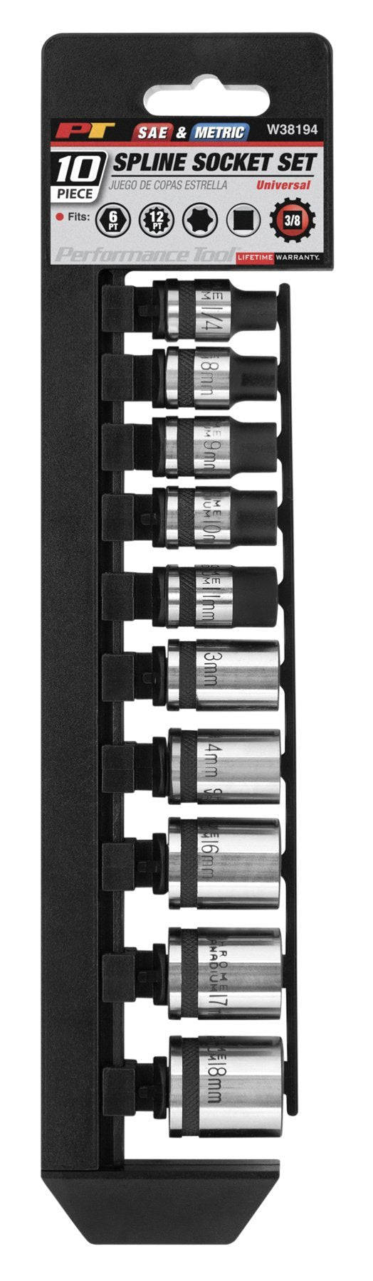  [AUSTRALIA] - Performance Tool W38194 3/8" Drive Universal Spline Socket Set , 10 piece Metric and SAE