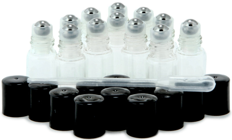 Vivaplex, 12, Clear, 3 ml Glass Roll-on Bottles with Stainless Steel Roller Balls - Dropper included - LeoForward Australia