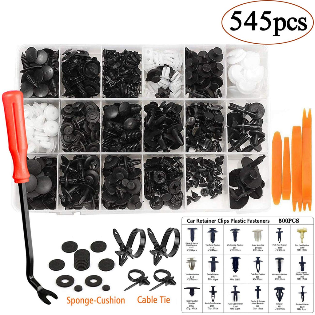  [AUSTRALIA] - Uolor 545 Pcs Car Retainer Clips & Plastic Fasteners Kit with Fastener Remover, 19 Most Popular Sizes Auto Push Pin Rivets Set, Bumper Door Trim Panel Clips Assortment for GM Ford Toyota Honda Chrysle