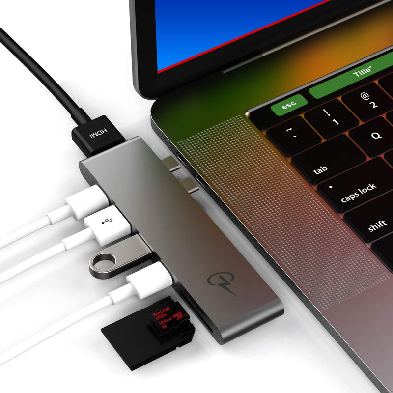CharJenPro USB C Hub for MacBook Pro 16", 15", 13", 2020 (M1), 2019, 2018, MacBook Air 2020 (M1), 2019, 2018, 100W Power, HDMI 4K, 2 USB 3.0, microSD, SD card reader, USB C port. MacBar USBC Adapter. Space Gray - LeoForward Australia