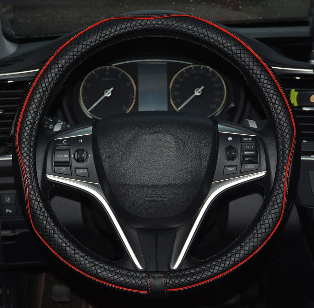  [AUSTRALIA] - Rueesh Microfiber Leather Car Steering Wheel Cover, Soft Padding, Durable, No Smell, Universal 15 Inch Steering Cover, Anti-Slip Embossing Pattern A, Black with Red Line
