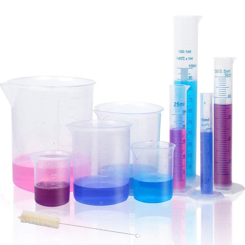 APLANET Plastic Graduated Cylinders and Beakers, 10ml, 25ml, 50ml, 100ml Cylinders with 50ml, 100ml, 250ml, 500ml, 1000ml Beakers and 1 Tube Brush, Ideal for Home and School Science Lab - LeoForward Australia