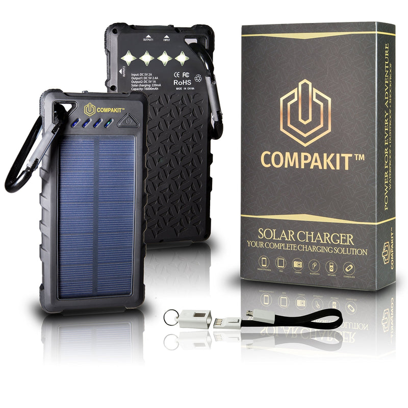 Solar Phone Charger by Compakit, Huge Capacity 16000 mAh Dual USB Power Bank, IP67 Waterproof with 4 LED Flashlight, Universal Compatibility Cell Phone Battery Pack, for Men & Women - LeoForward Australia