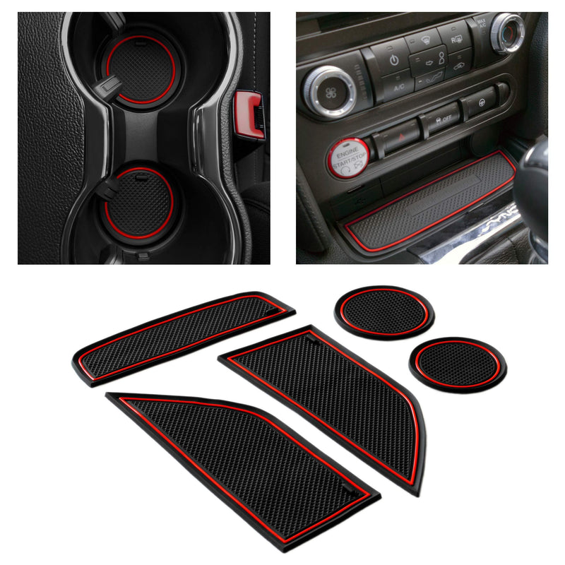  [AUSTRALIA] - CupHolderHero for Ford Mustang 2015-2020 Custom Liner Accessories - Premium Cup Holder, Console, and Door Pocket Inserts 5-pc Set (Red Trim) Red Trim