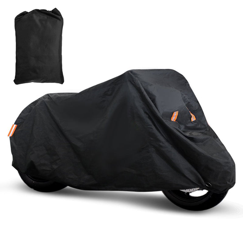  [AUSTRALIA] - Copap Black Motorcycle Cover 150D Durable Waterproof Motorcycle Cover All-Weather Protection with 7.87” Reflective Stripe, Bottom Buckle & Lockholes Included