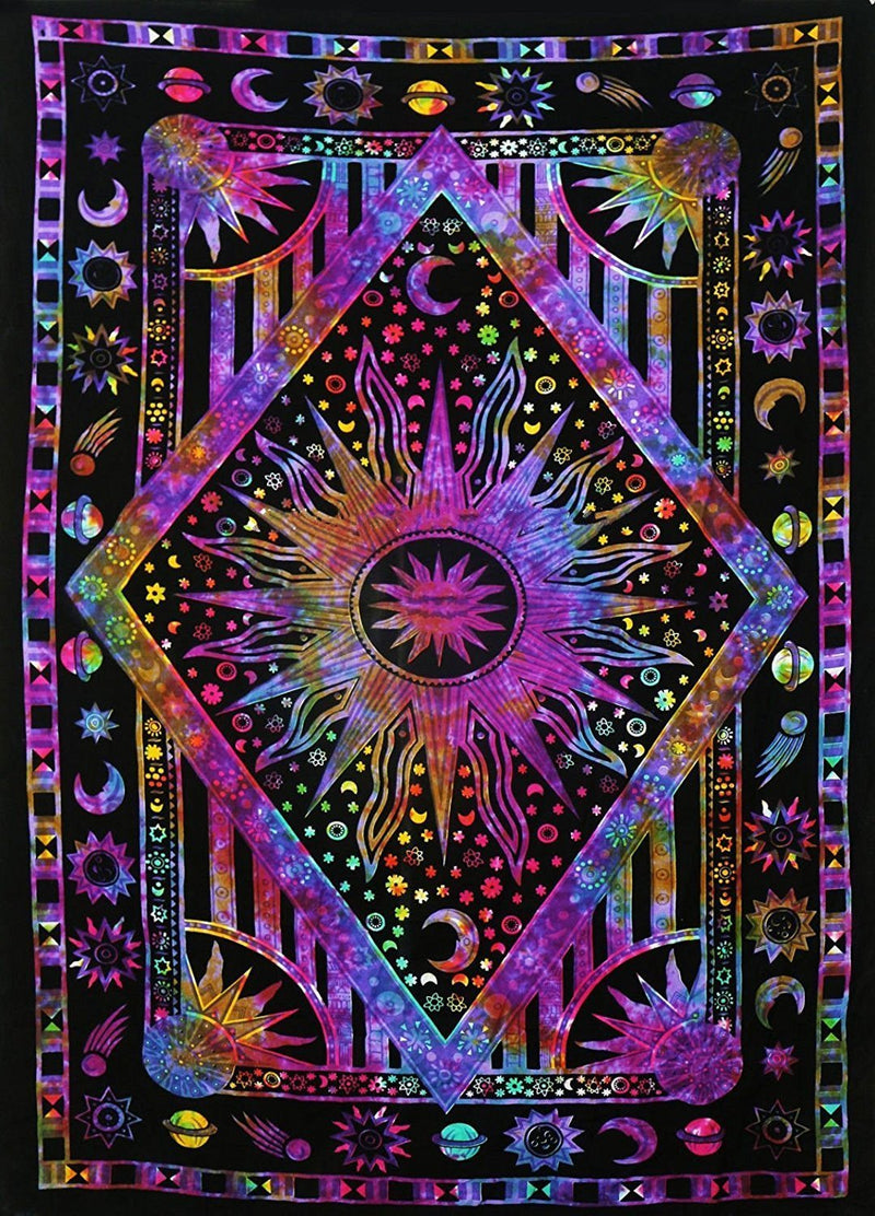  [AUSTRALIA] - Popular Handicrafts Kp786 Twin Psychedelic Celestial Sun Moon Planet Bohemian Tapestry Wall Hanging Dorm Decor Boho Tapestries Hippie Hippy Purple tie dye Tapestry Beach Coverlet Twin (140x210 cms / 54"x82") Multi Color