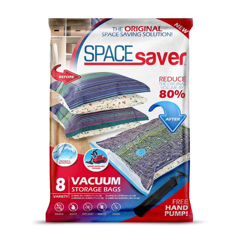  [AUSTRALIA] - Spacesaver Premium Vacuum Storage Bags. 80% More Storage! Hand-Pump for Travel! Double-Zip Seal and Triple Seal Turbo-Valve for Max Space Saving! (Variety 8 pack) Variety 8 pack