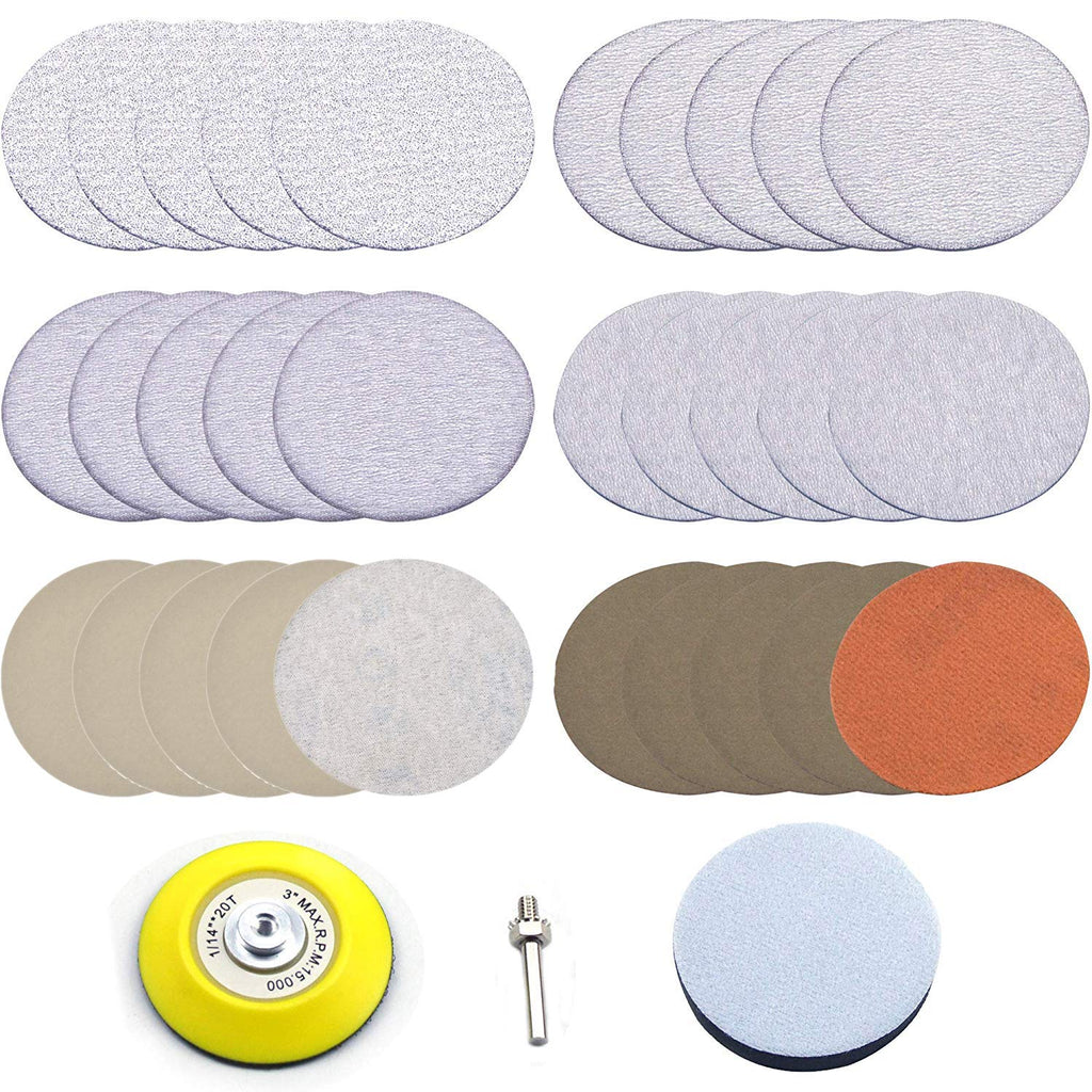  [AUSTRALIA] - 3 inch Multiple Grits Aluminum Oxide Dry & Wet/Dry Hook Loop Sanding Discs a 1/4 inch Shank Backing Pad + Soft Foam Buffering Pad, 5-Pieces Each 60, 240, 600, 1000, 5000 10000 Grits
