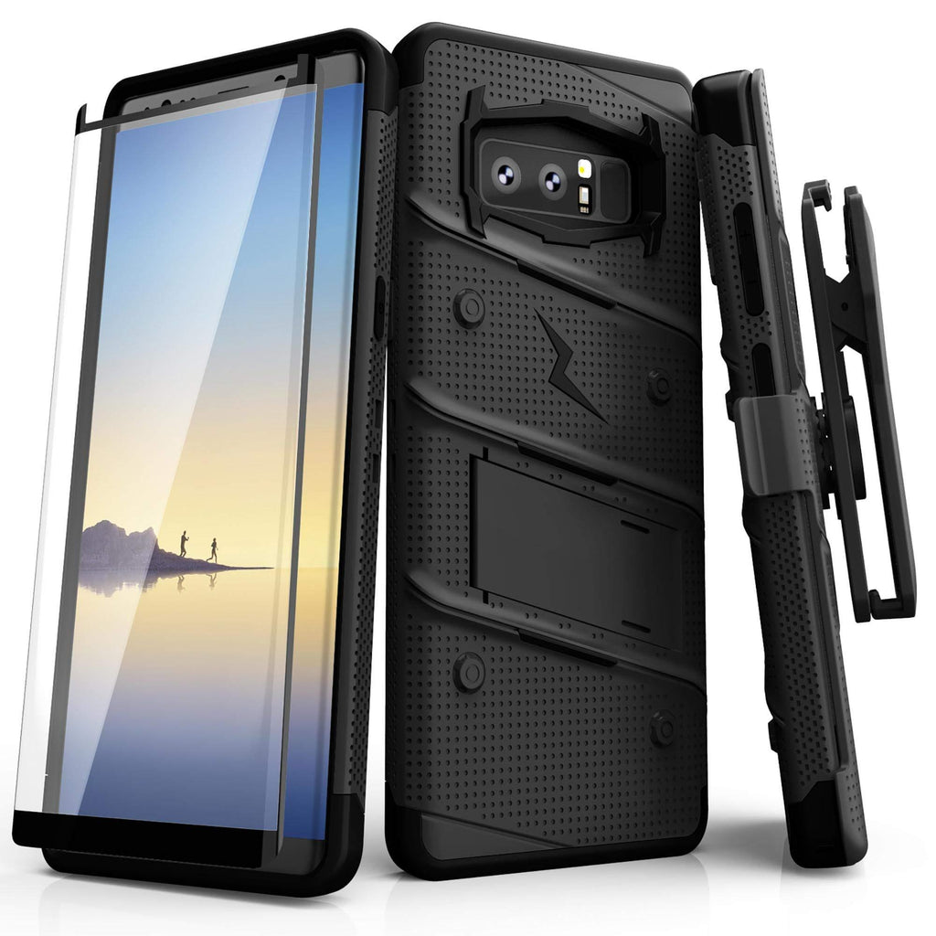  [AUSTRALIA] - ZIZO Bolt Series for Samsung Galaxy Note 8 Case Military Grade Drop Tested with Tempered Glass Screen Protector Holster Black Black/Black