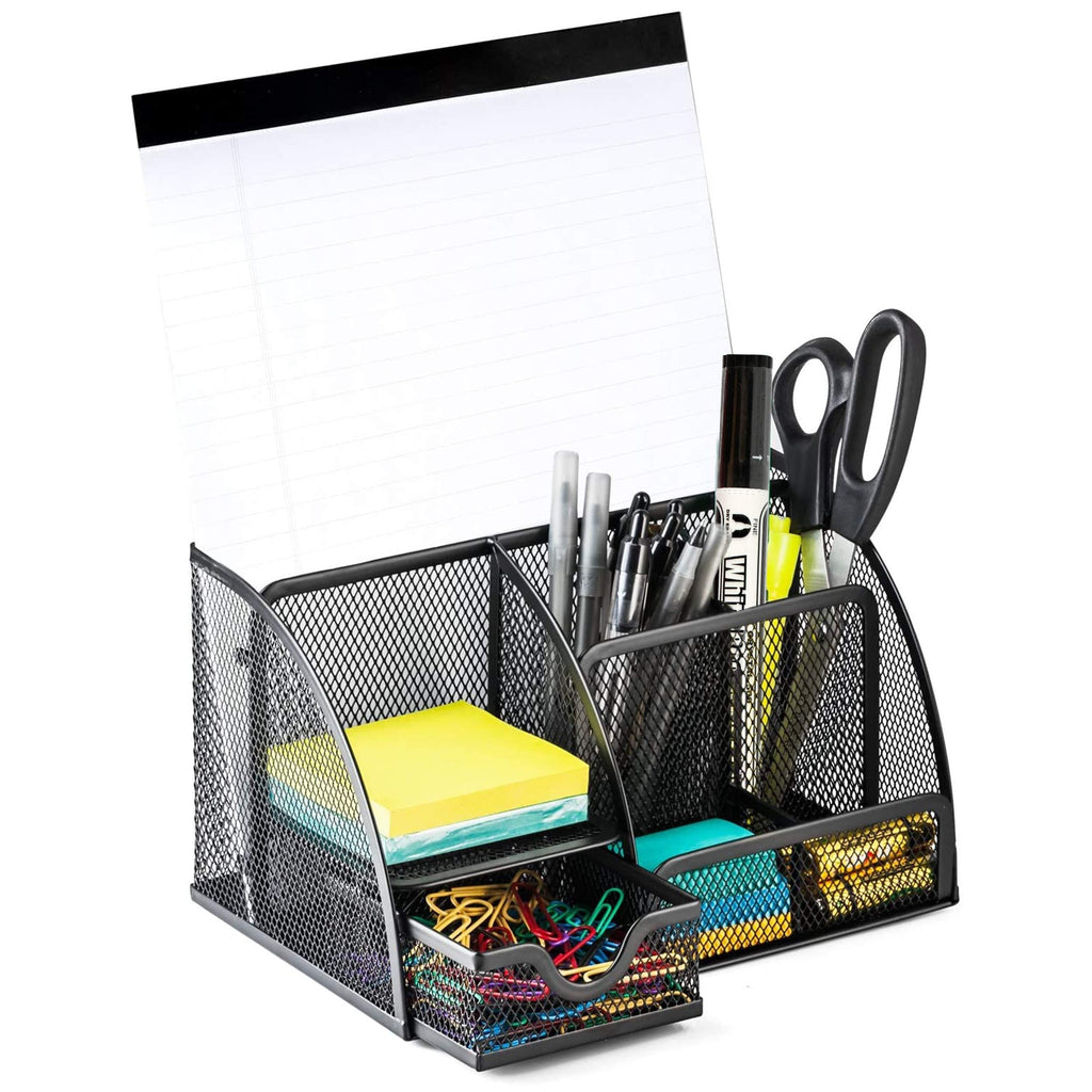 Halter Mesh Desk Organizer with 6 Compartments + Drawer, Multifunctional Organizer for Home and Office (Black) - LeoForward Australia