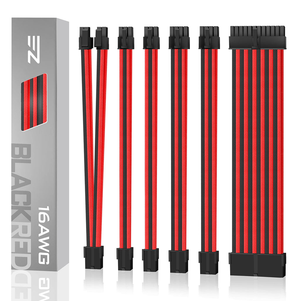EZDIY-FAB PSU Cable Extension kit Sleeved Cable Custom Power Supply Sleeved Extension 16 AWG 24-PIN 8-PIN 6-PIN 4+4-PIN with Combs- Black/Red Black and red - LeoForward Australia