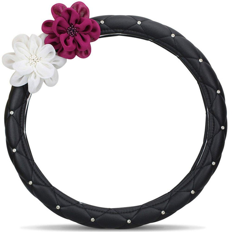  [AUSTRALIA] - selani Advanced Elegant Flower Rhinestone Car Steering Wheel Cover Wrap Car Interior Trim(PU Leather Black)