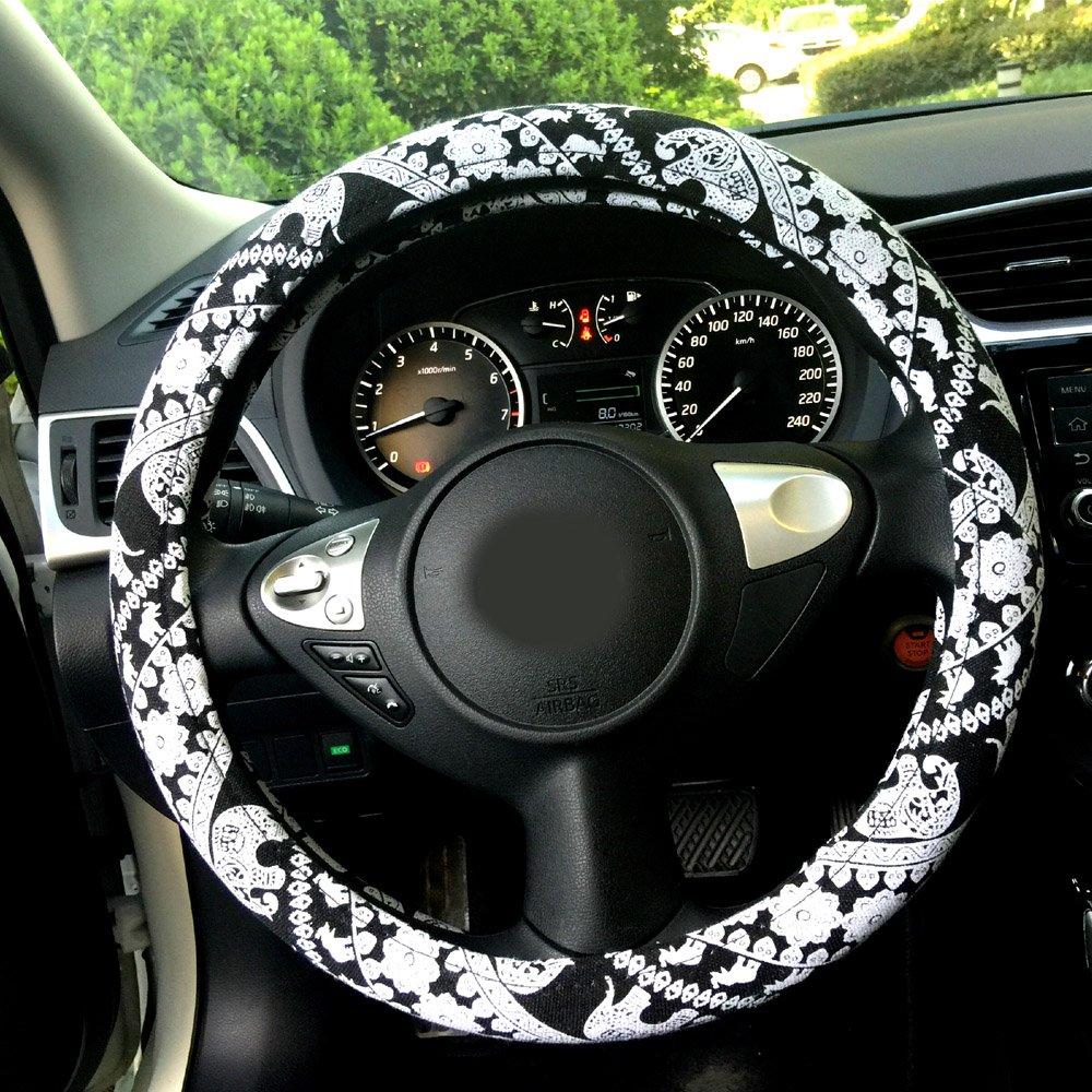  [AUSTRALIA] - Rayauto 38cm/15inch Automotive Ethnic Cloth Wrap Cute Elephant Universal Car Steering Wheel Cover (Black&White) Black&white