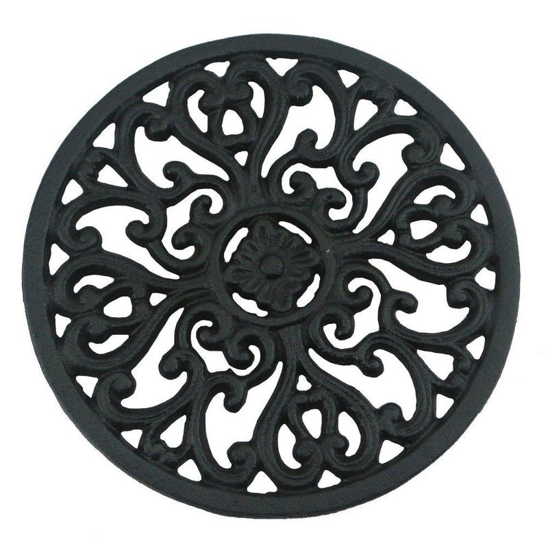 Ogrmar 6.6" Diameter Decorative Cast Iron Round Trivet with Vintage Pattern for Rustic Kitchen Or Dining Table with Rubber Pegs (6.6", Brownish black) - LeoForward Australia